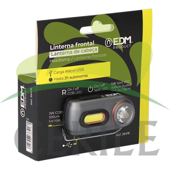 LANTERNA DE CABEÇA 2 LEDS 3W 100Lm, 5W 400Lm RECARREGÁVEL KOMA TOOLS